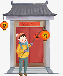 卡通新年门口挂灯笼人物素材