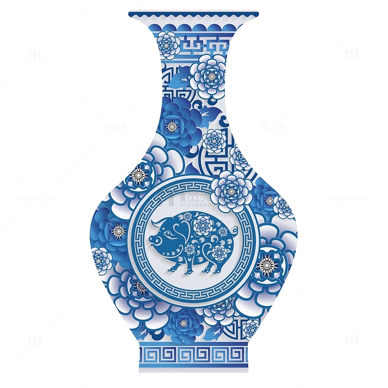 蓝色青花瓷花瓶元素