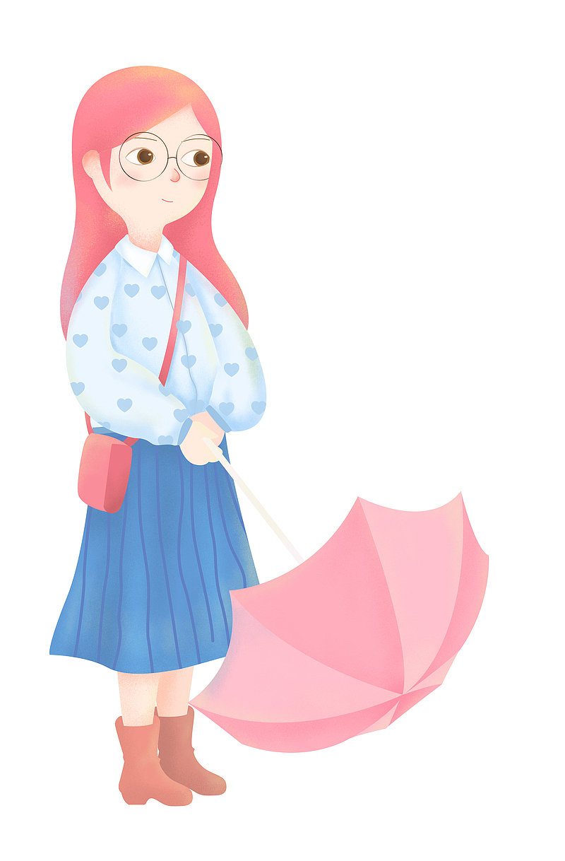 拿伞的手绘可爱卡通粉红女孩