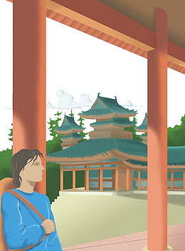 手绘矢量插图参观寺庙