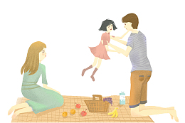 手绘水彩插画春日踏青野餐的一家