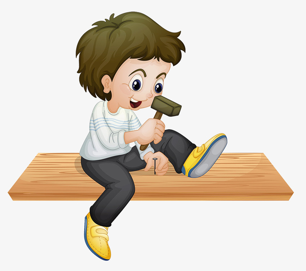 卡通人物插图拿锤子钉钉子的装修