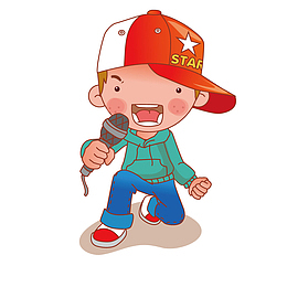 戴着红帽子唱歌的卡通小男孩