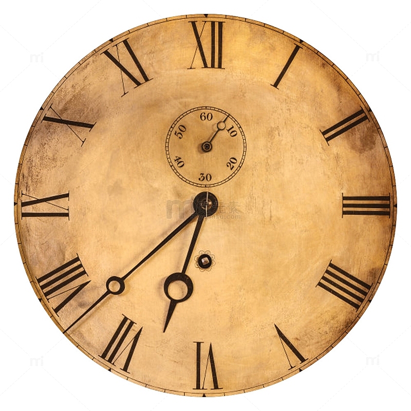 棕色圆形带划痕的老式时钟实物