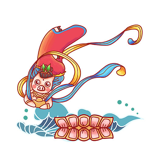 卡通手绘飞仙猪跳舞免抠PNG