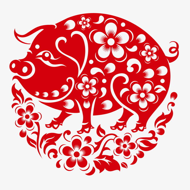 红色创意小猪剪纸元素