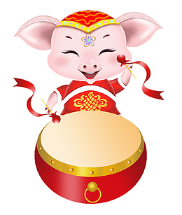 敲着鼓的新年福猪卡通免抠图