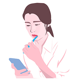 手绘卡通美女看着手机刷牙