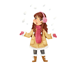 卡通手绘下雪天穿冬装的女孩