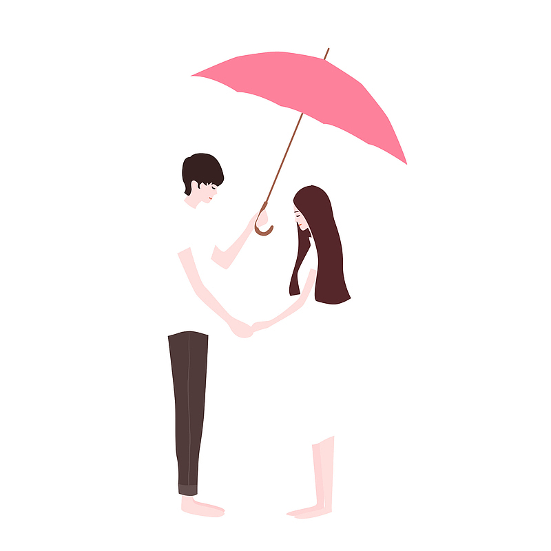 手绘卡通情侣男孩给女孩打伞