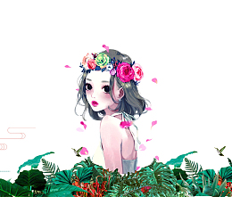 免抠卡通手绘花丛里的女孩