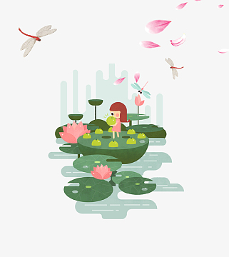 卡通手绘夏季池塘插画
