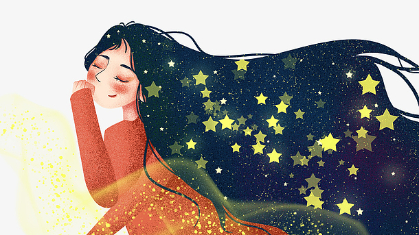 免抠卡通手绘长发星空女孩星星装