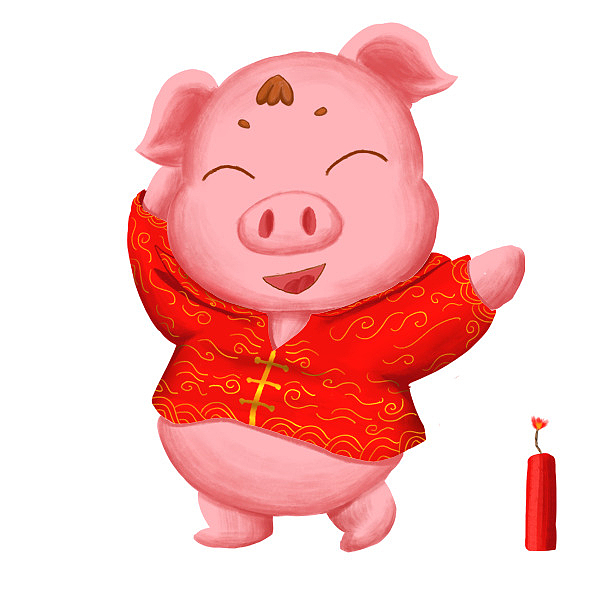 手绘插画可爱的小猪放鞭炮