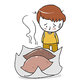 卡通手绘男孩和冒热气的烤红薯插