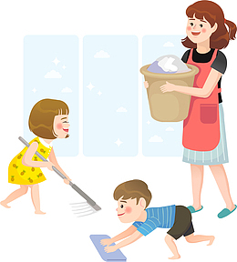 卡通亲子洗衣服拖地插画