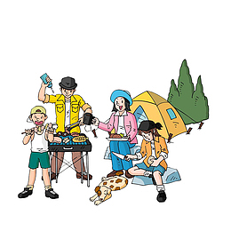 卡通野外露营烧烤的朋友们素材