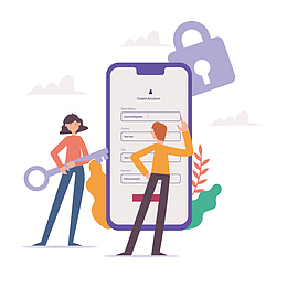 扁平化矢量卡通男女安全解锁手机