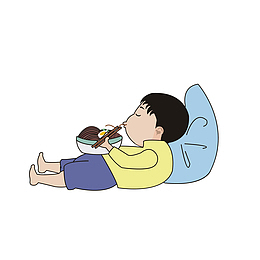 卡通躺着吃面的男孩素材