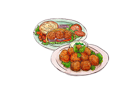 手绘漫画炸丸子食品素材图