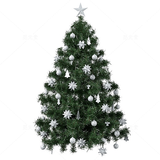 一棵用银色挂饰装饰的圣诞树