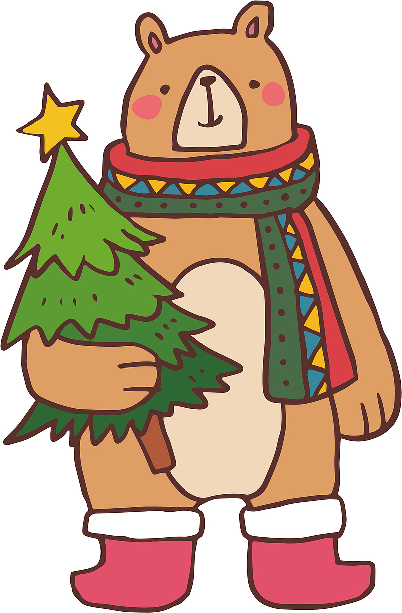 抱着圣诞树的棕熊