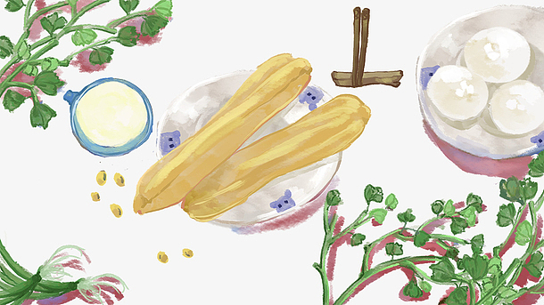 免抠卡通手绘丰盛的早餐油条