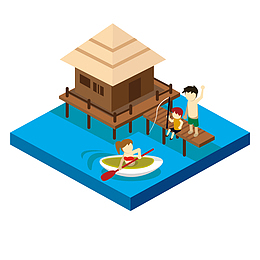 蓝色海洋房屋立体插画