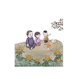 卡通席地而坐赏菊登高重阳插画素