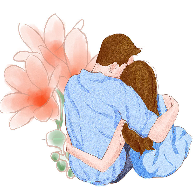 卡通手绘情侣与鲜花