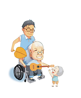 卡通手绘祖孙三代插画免抠