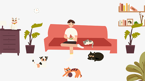 免抠卡通手绘室内和猫在沙发上坐