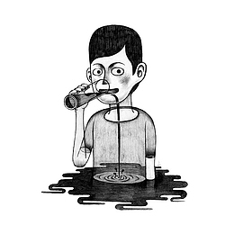 手绘黑色喝水男孩