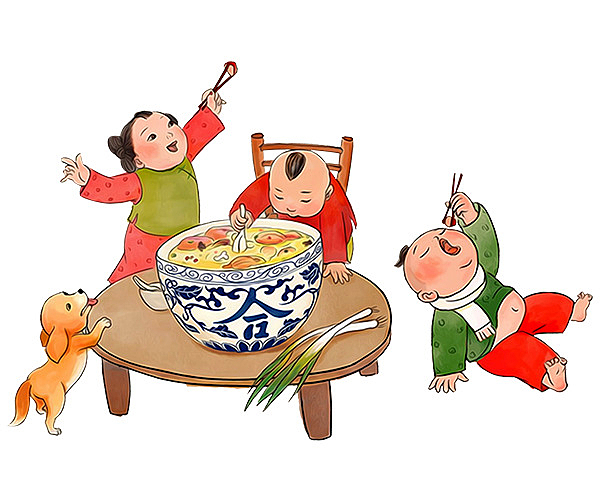 卡通手绘古代孩子吃腊八粥