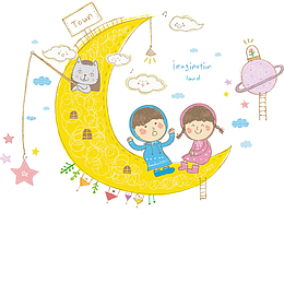 小人坐在黄色月亮上星球星星猫咪