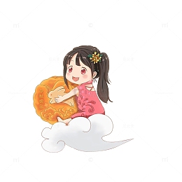 卡通抱着月饼和玉兔坐在云朵上的