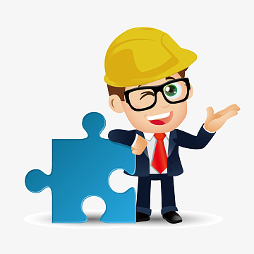 卡通靠着拼图的工程师