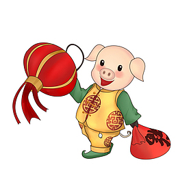 手绘可爱的小猪拿着灯笼和福袋