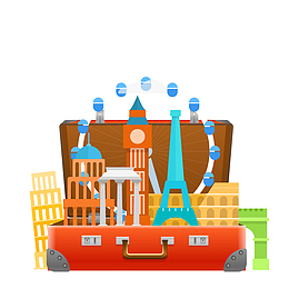 红色的行李箱装着建筑纪念品