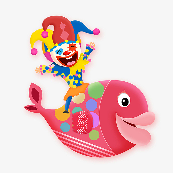 骑在红色大鱼上的小丑