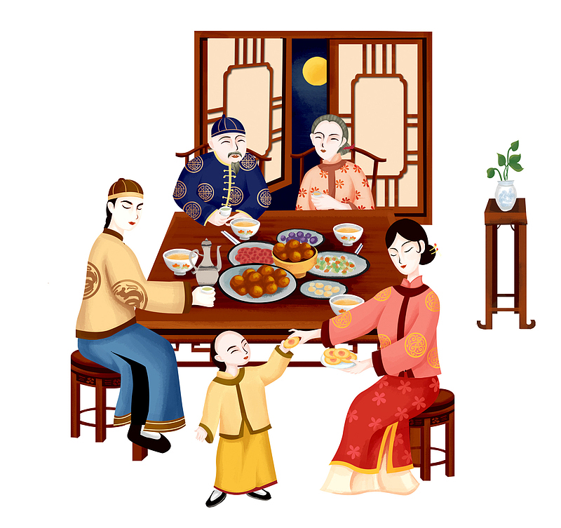 卡通手绘中国风一家人年夜饭