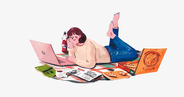 卡通手绘休闲玩电脑的女人插画