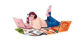卡通手绘休闲玩电脑的女人插画