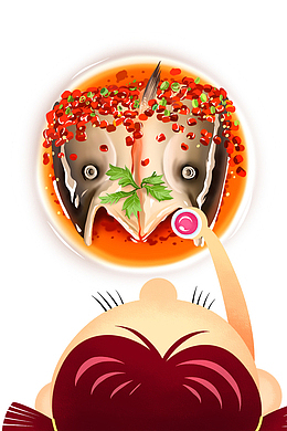 黄色喜庆扁平剁椒鱼头美食插画