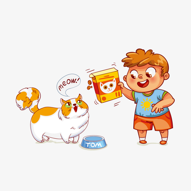 手绘儿童喂猫矢量图