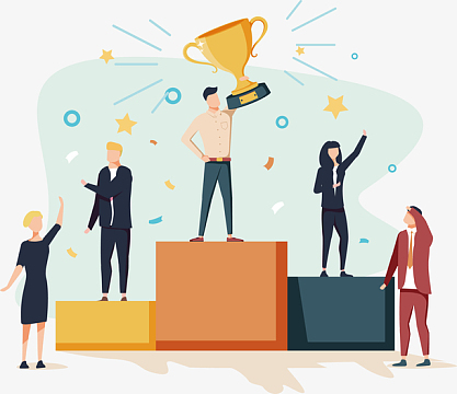 五个站在颁奖台上的男女