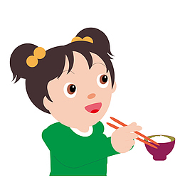 吃米饭的双马尾小女孩
