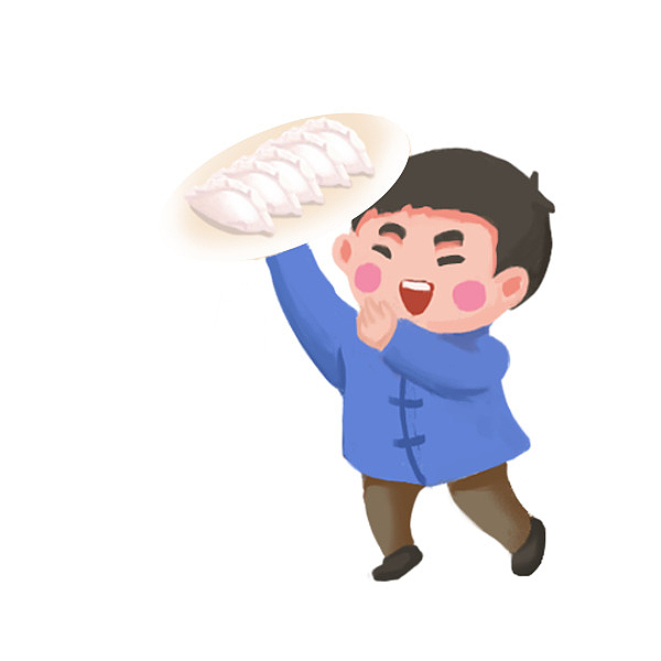 手绘插画端着饺子的男孩