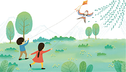 绿色清新卡通春游海报插画