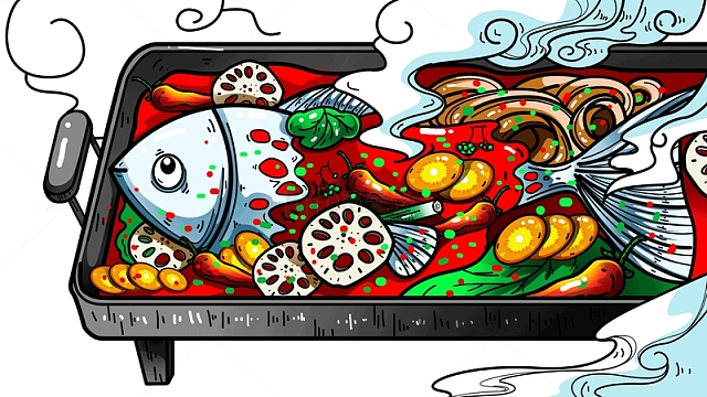 手绘烤鱼美食聚餐插画